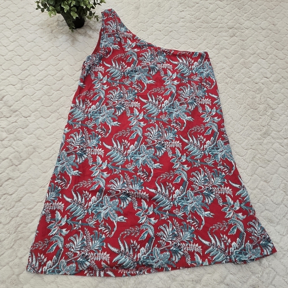 LOFT Red and Blue Floral One-Shoulder Short Shift Dress, Size Medium - Picture 5 of 7